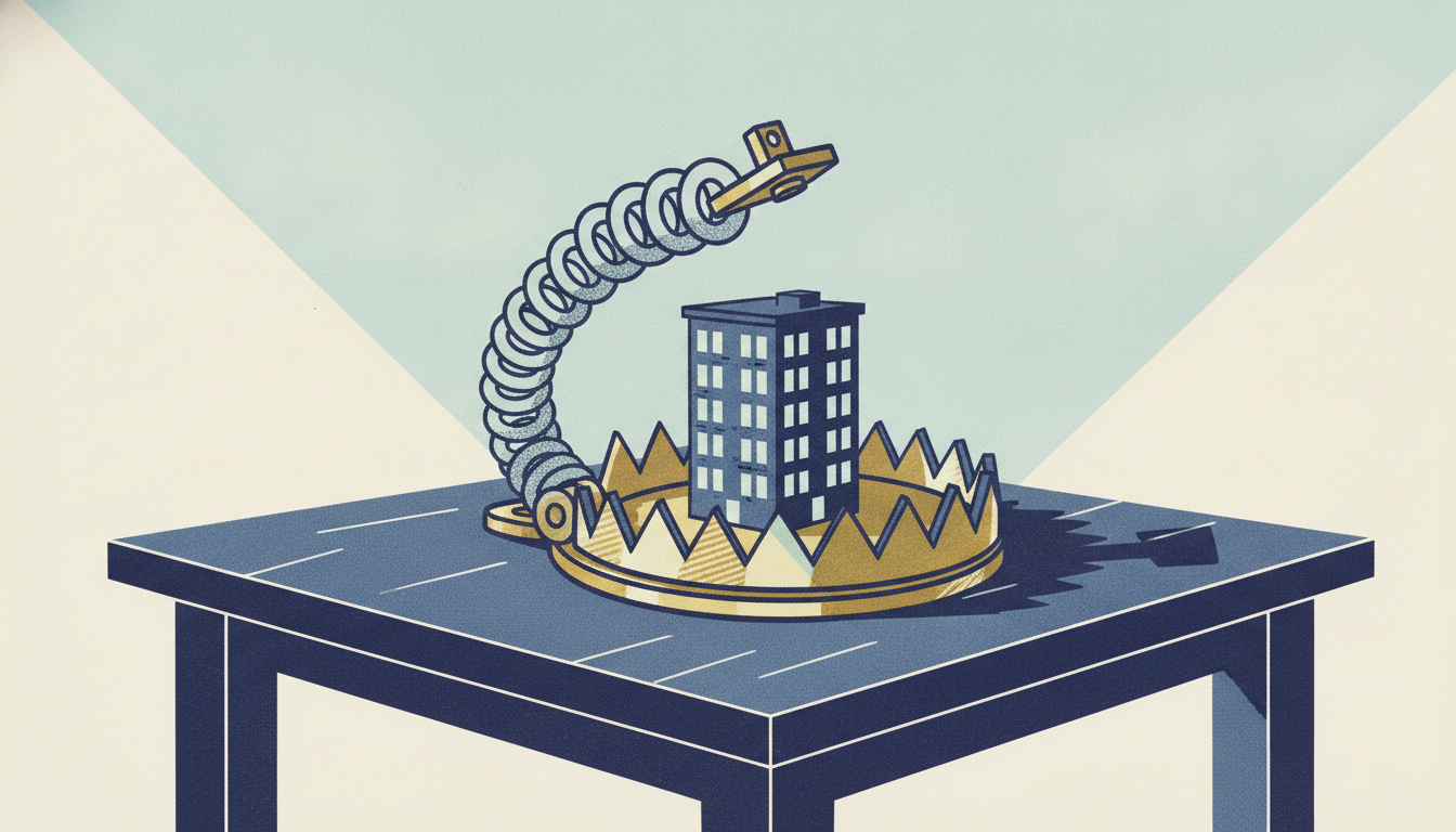 A miniature brick apartment building sits as bait on a heavy brass spring trap atop a dark polished table.
