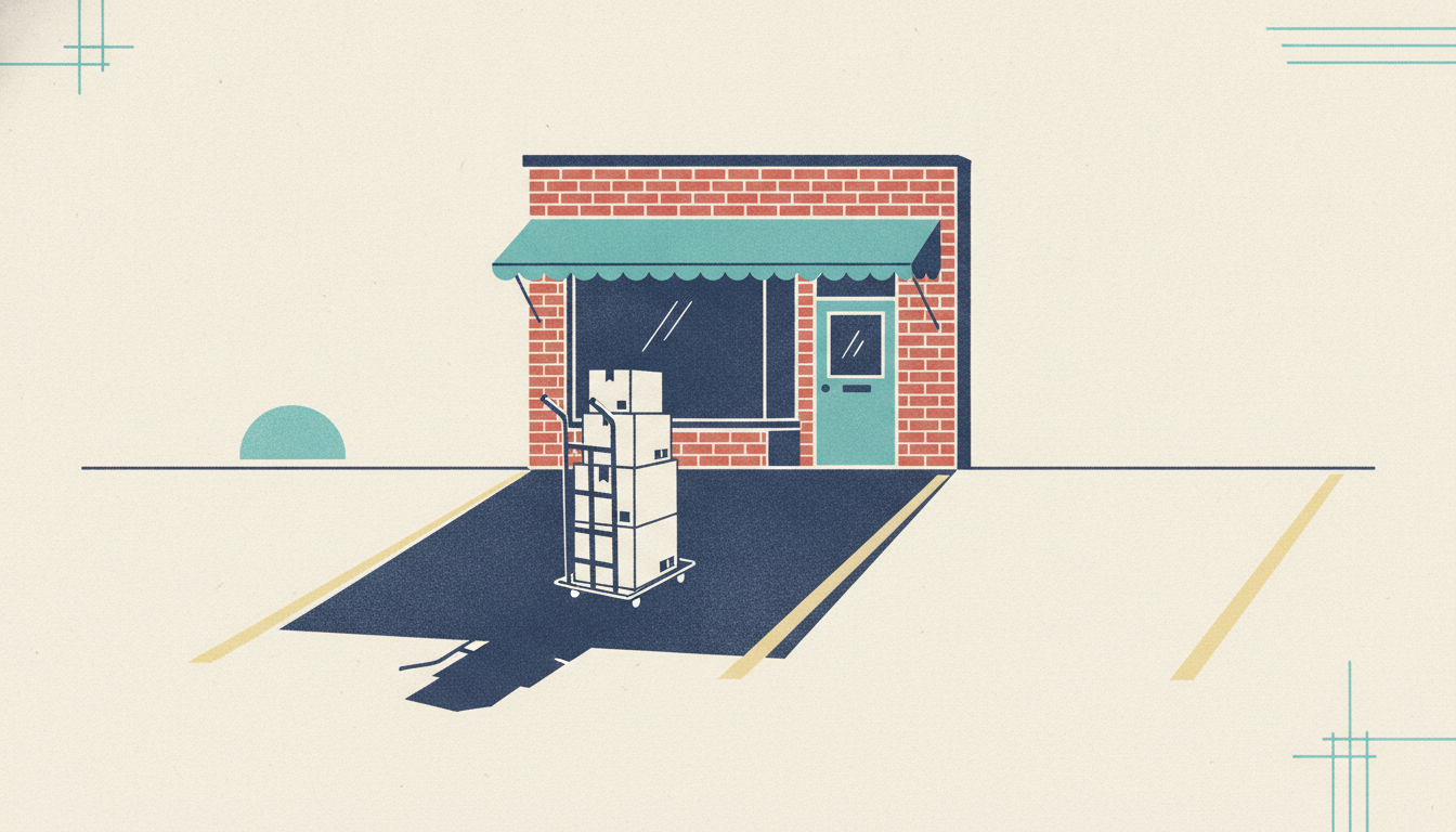 A two-wheeled hand truck loaded with boxes sits in the center of an empty parking space outside a brick storefront.