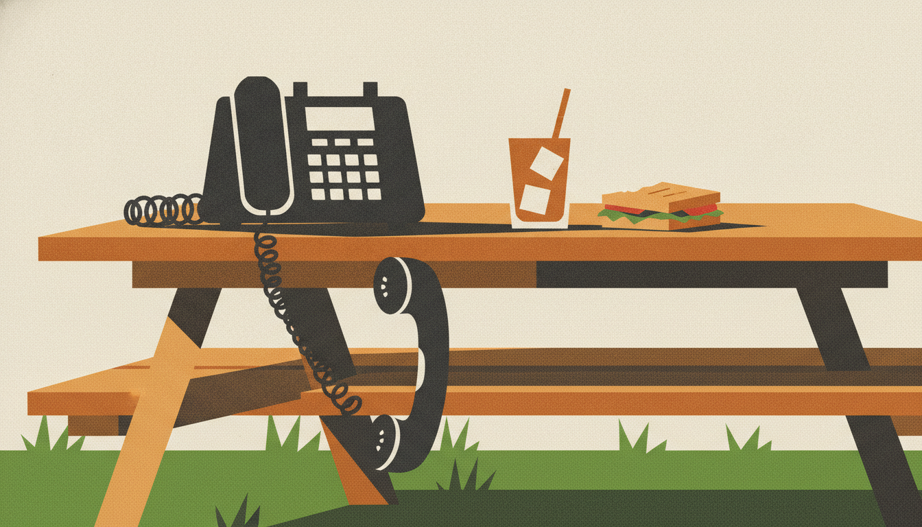 A heavy black office telephone sits off the hook on a sunny backyard picnic table beside an abandoned lunch.