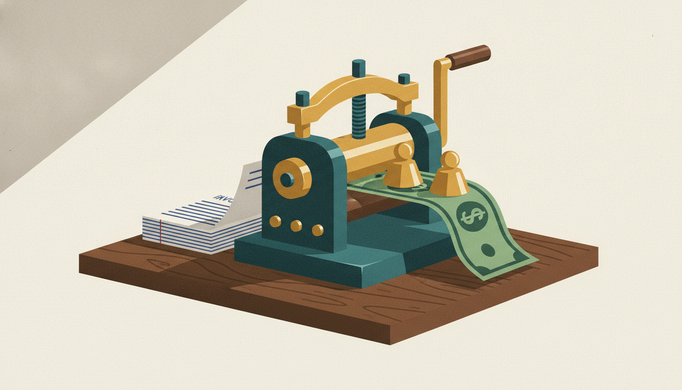 Paper invoices feed through a brass hand-cranked press on a wooden desk, emerging as crisp banknotes.