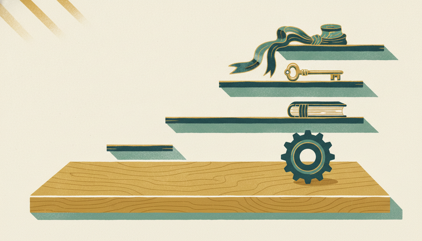 Four stepped wooden shelves hold a silk ribbon, a brass key, a leather ledger, and an iron gear in warm sunlight.