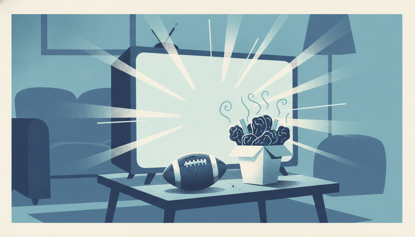 A basket of glazed chicken wings and a football sit on a coffee table illuminated by a glowing television screen.