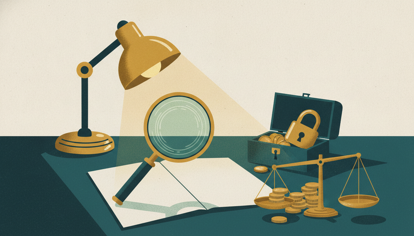 A brass magnifying glass rests on an open contract beside an unlatched lockbox under the harsh beam of a desk lamp.