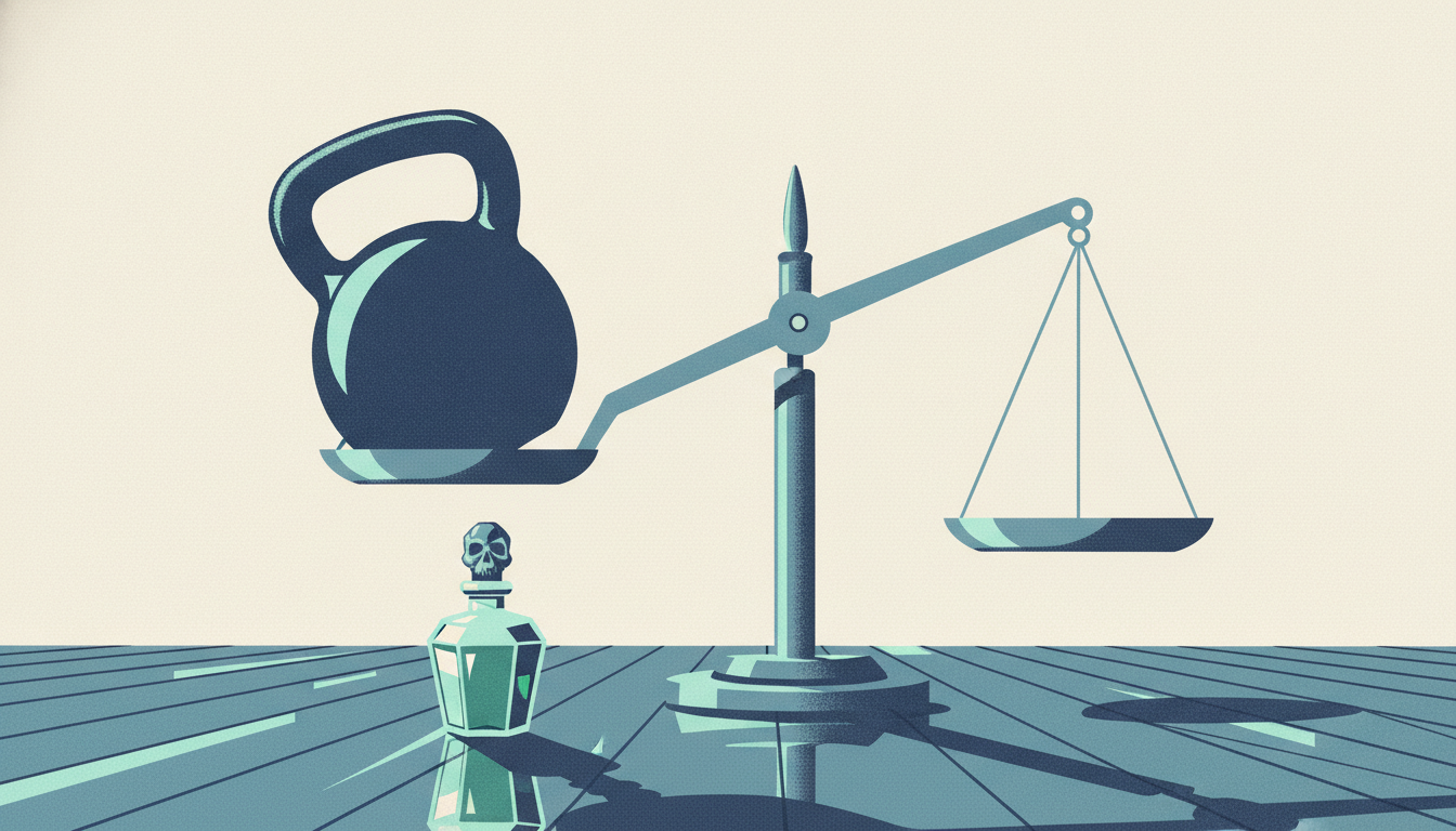 A heavy kettlebell tilts a brass scale, hovering just a hair above an antique glass poison vial on a gym floor.