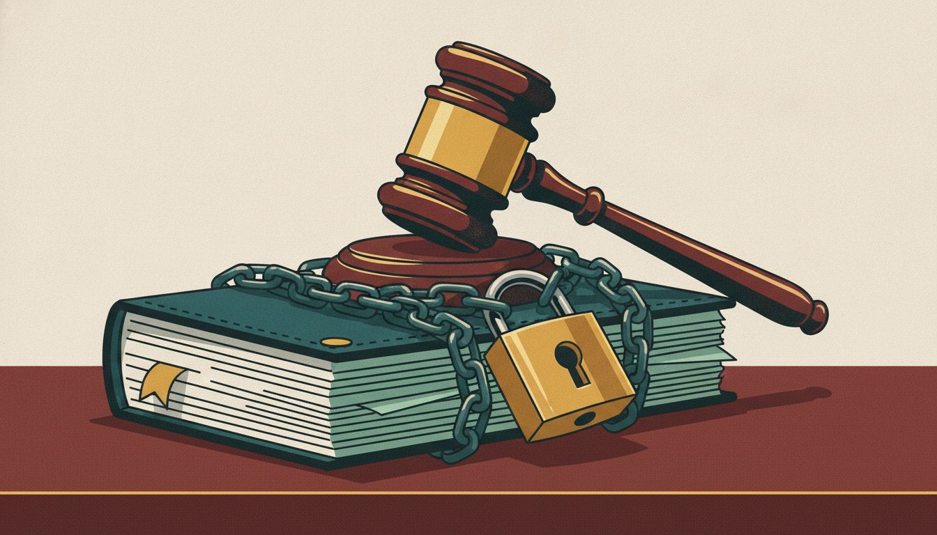 A leather ledger and financial contracts bound in heavy iron chains and secured with a padlock beneath a wooden gavel.