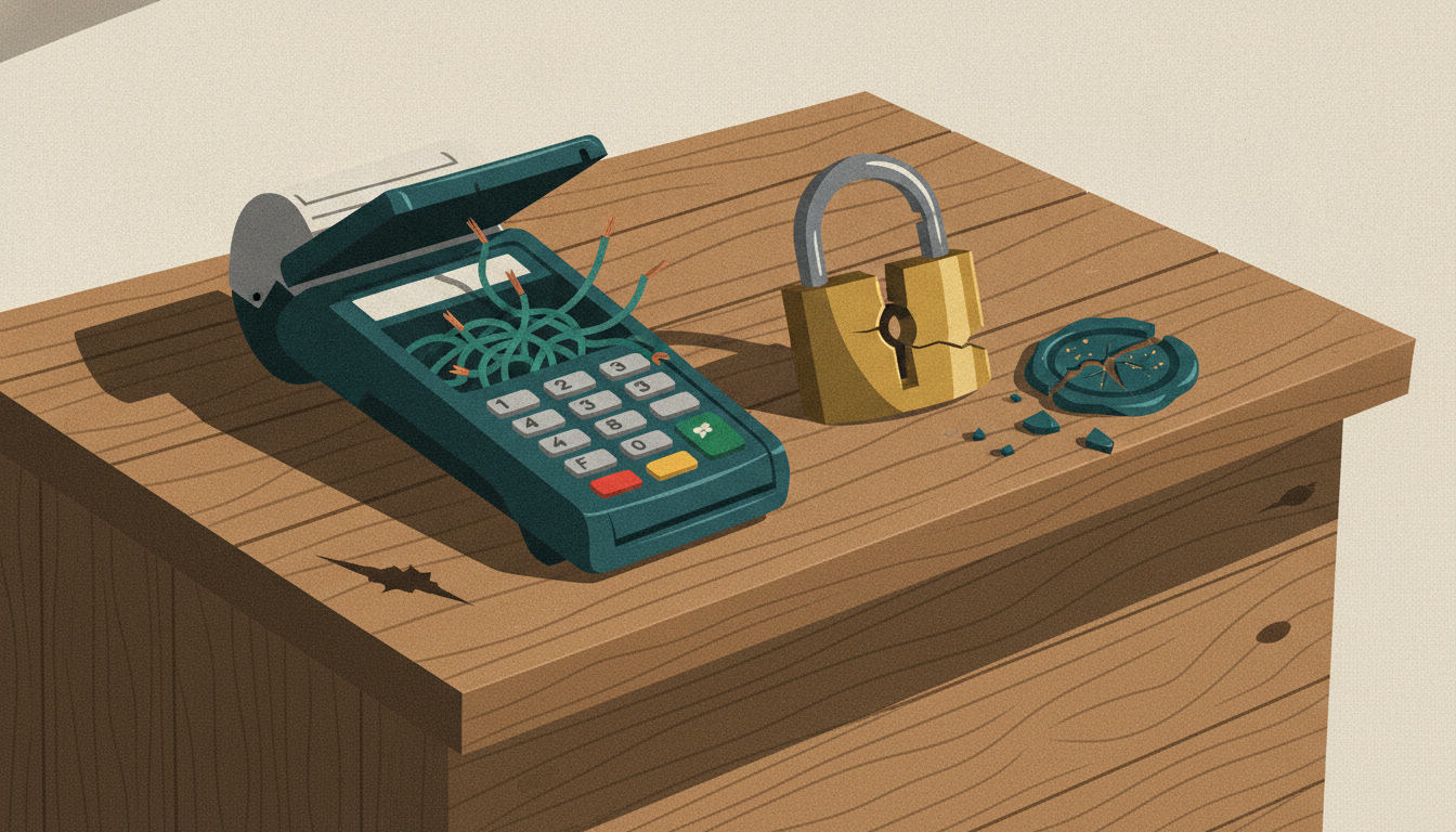 A cracked card payment terminal sits embedded in a wooden counter beside a sawed-in-half brass padlock.