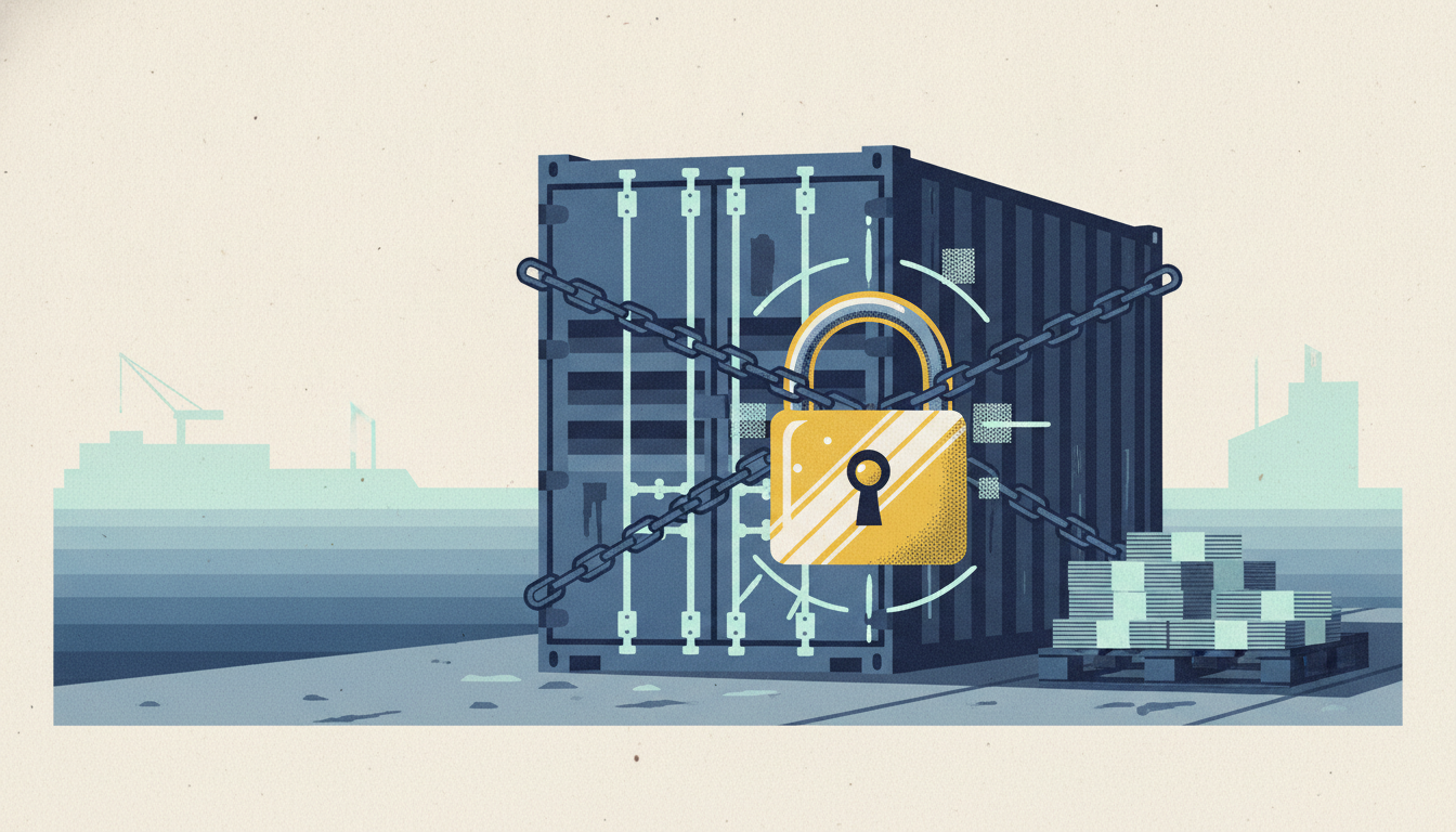 A massive golden padlock secures a cargo container beside stacks of cash on a foggy harbor dock.